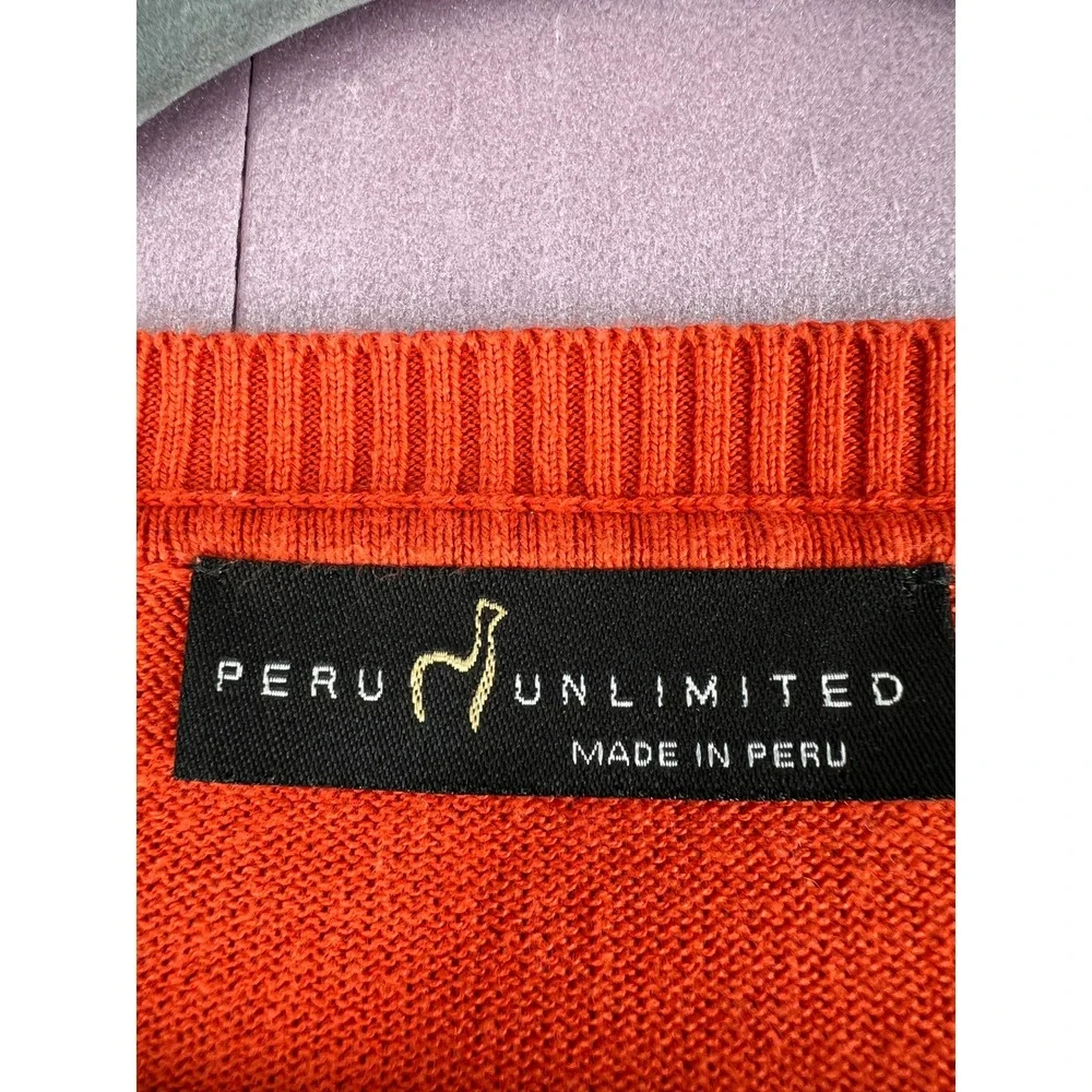 Peru Unlimited Mens Orange 100% Pima Cotton Preppy V-Neck Sweater L Made in Peru